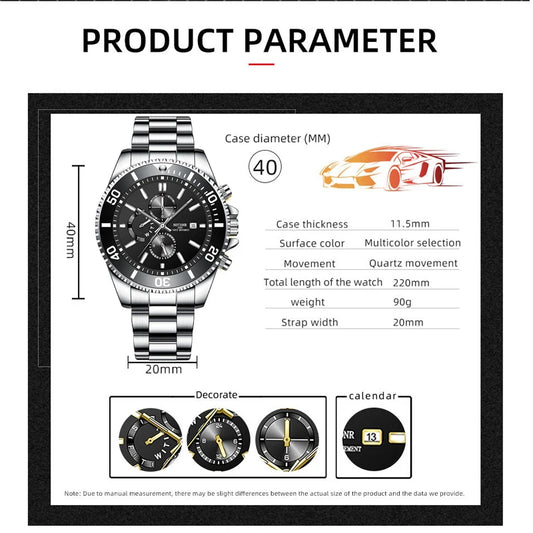 Luxury Men's Business Watches Men Silver Quartz Watch Male Luminous Clock