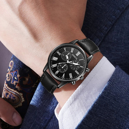 5PCS Men's three eyed business casual trendy belt quartz watch high-end atmospheric watch large dial set
