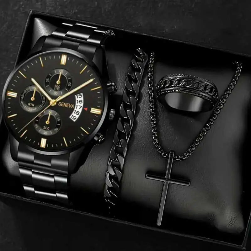 4PCS Business Men's Gift Box Watch Set Fashion Trend Quartz Watch Bracelet Necklace Ring Set Perfect Gift Set for Friends or Dad