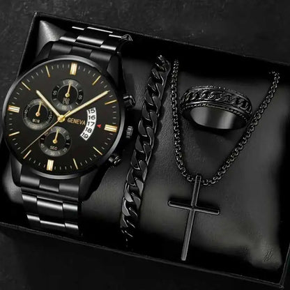 4PCS Business Men's Gift Box Watch Set Fashion Trend Quartz Watch Bracelet Necklace Ring Set Perfect Gift Set for Friends or Dad