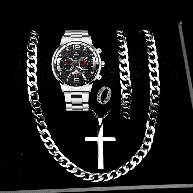 5PCS Set DEYROS Fashion Mens Calendar Watches Men Business Stainless Steel Quartz Wristwatch Male Casual Necklace Bracelet Watch