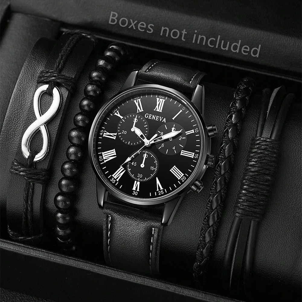 5PCS Men's three eyed business casual trendy belt quartz watch high-end atmospheric watch large dial set