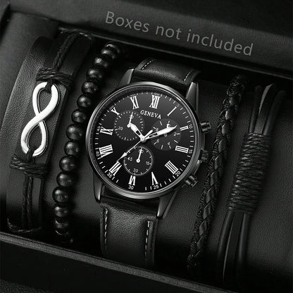 5PCS Men's three eyed business casual trendy belt quartz watch high-end atmospheric watch large dial set