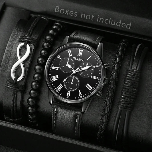 5PCS Men's three eyed business casual trendy belt quartz watch high-end atmospheric watch large dial set