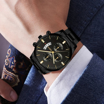 4PCS Business Men's Gift Box Watch Set Fashion Trend Quartz Watch Bracelet Necklace Ring Set Perfect Gift Set for Friends or Dad