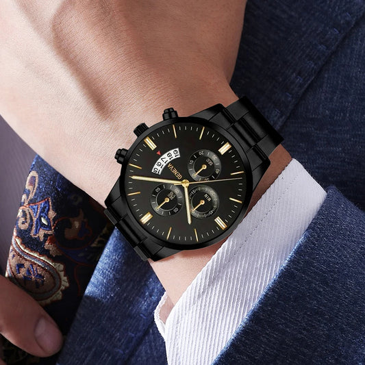 4PCS Business Men's Gift Box Watch Set Fashion Trend Quartz Watch Bracelet Necklace Ring Set Perfect Gift Set for Friends or Dad