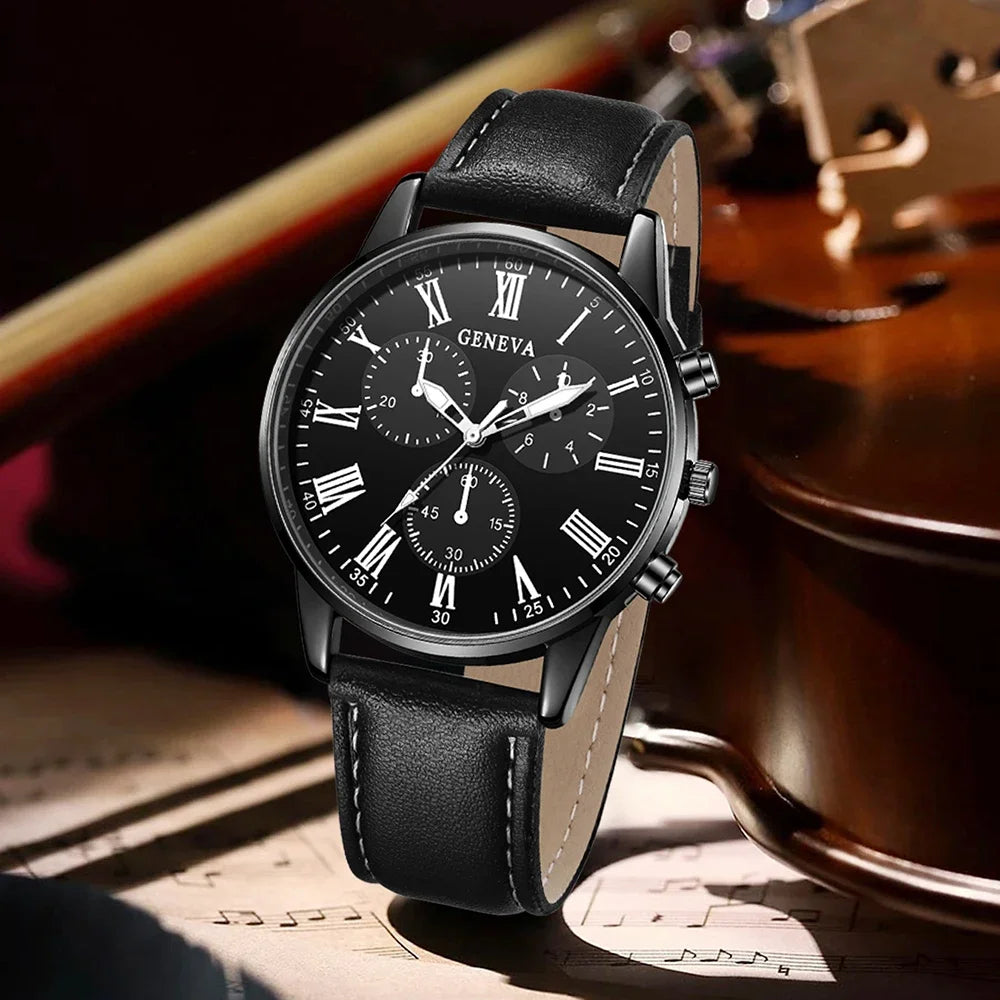 5PCS Men's three eyed business casual trendy belt quartz watch high-end atmospheric watch large dial set