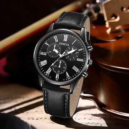 5PCS Men's three eyed business casual trendy belt quartz watch high-end atmospheric watch large dial set