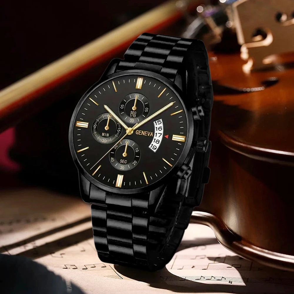 4PCS Business Men's Gift Box Watch Set Fashion Trend Quartz Watch Bracelet Necklace Ring Set Perfect Gift Set for Friends or Dad