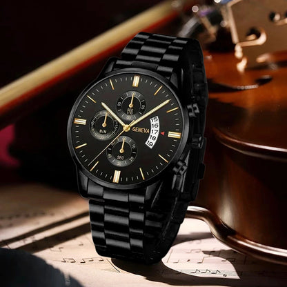 4PCS Business Men's Gift Box Watch Set Fashion Trend Quartz Watch Bracelet Necklace Ring Set Perfect Gift Set for Friends or Dad