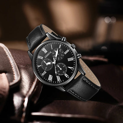 5PCS Men's three eyed business casual trendy belt quartz watch high-end atmospheric watch large dial set
