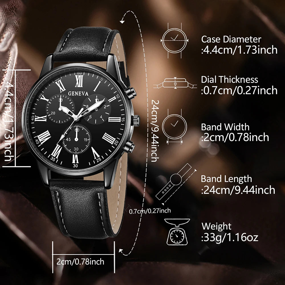 5PCS Men's three eyed business casual trendy belt quartz watch high-end atmospheric watch large dial set