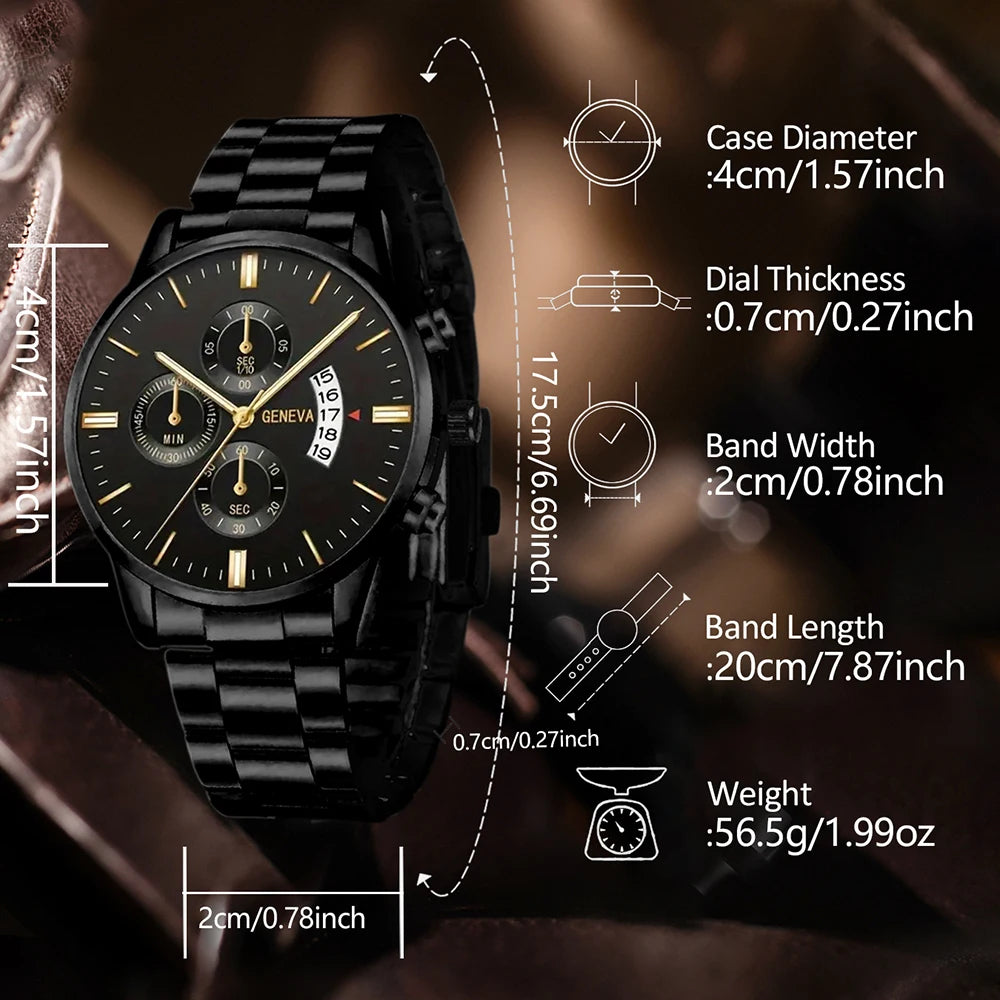 4PCS Business Men's Gift Box Watch Set Fashion Trend Quartz Watch Bracelet Necklace Ring Set Perfect Gift Set for Friends or Dad