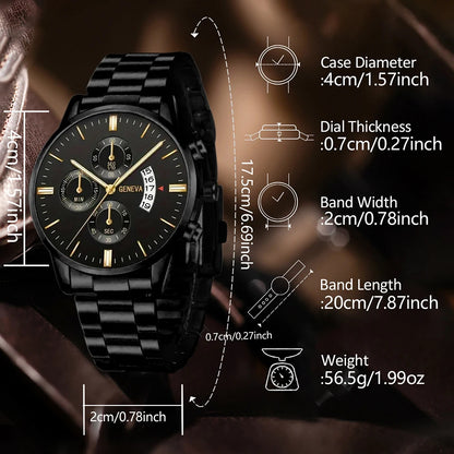 4PCS Business Men's Gift Box Watch Set Fashion Trend Quartz Watch Bracelet Necklace Ring Set Perfect Gift Set for Friends or Dad